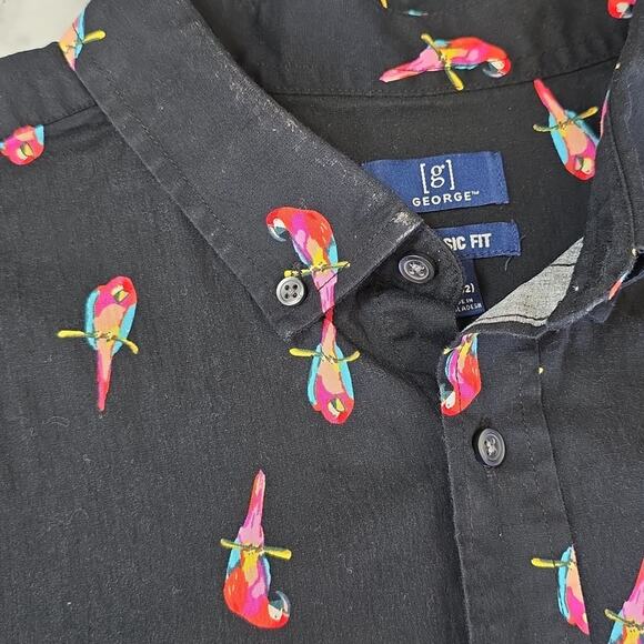 Mens Sz 2XL Classic Fit Black Parrot Print Button Down Islands George Shirt - Picture 9 of 12